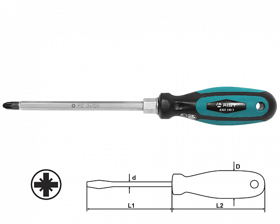 Отвертка крестовая PZ3 150мм силовая под ключ