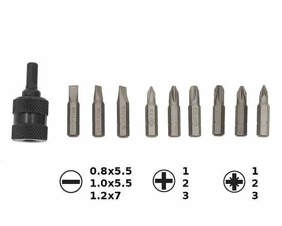 (FO) 1/4" Н-р битов с держателем бита 10 пр., PH1-3, PZ1-3, SL5-7